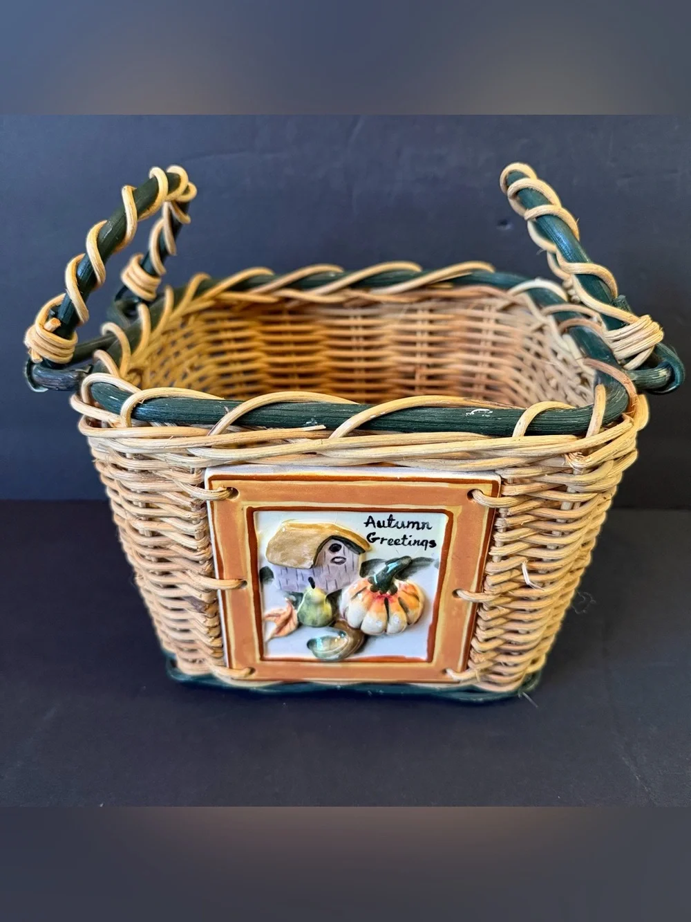 Woven Wicker Basket Autumn Pumpkin Fall Painted Ceramic Tile Country Farmhouse